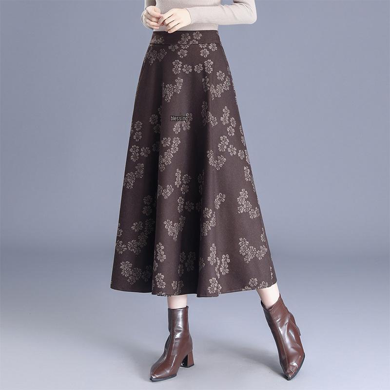 2025 Spring A-Line Skirt: Wool Front, Lace Back, Half-Elastic Waist, Long Skirt.