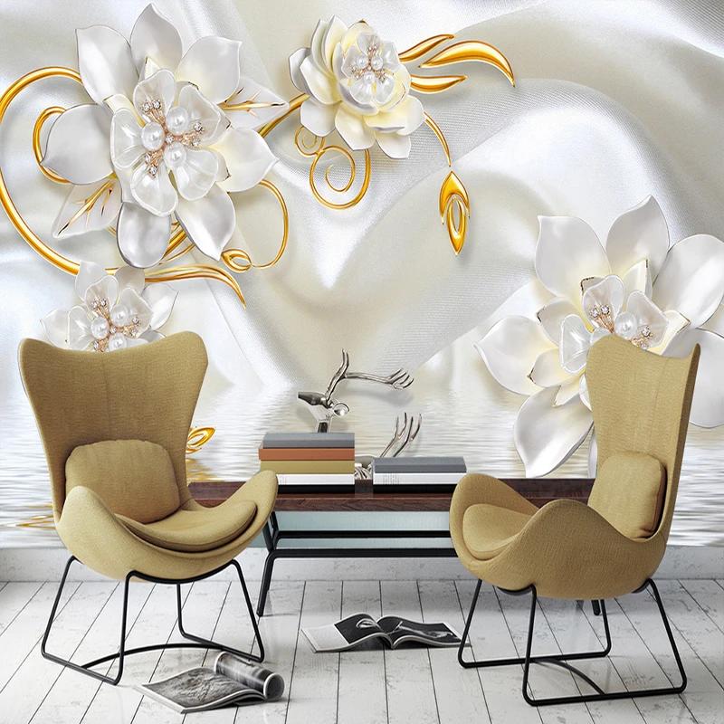 3d Wall Murals Luxury 3d Relief Deer White Pearl Jewelry Flower Large Wall Mural Living Room Bedroom Wallpaper