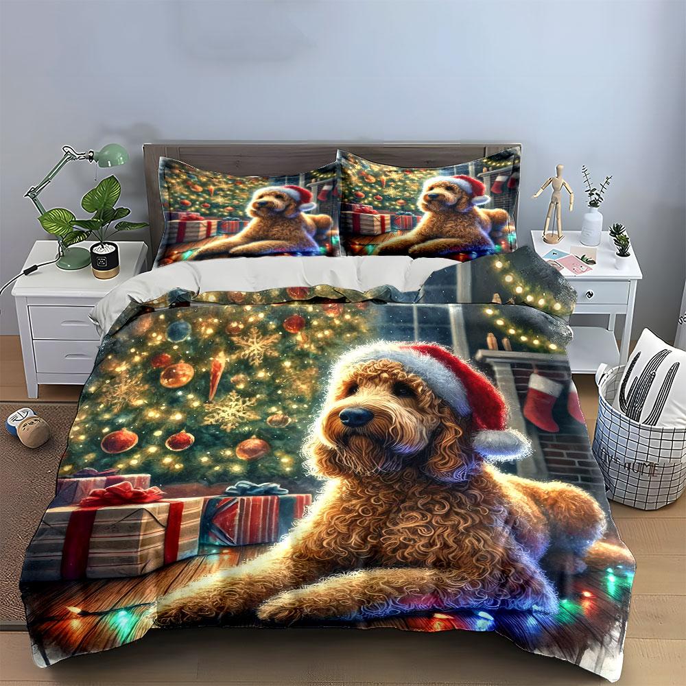 Golden Doodle Christmas Decor Bedding Duvet Cover Set (1*Duvet Cover 2*Pillowcases, Without Duvet Insert)