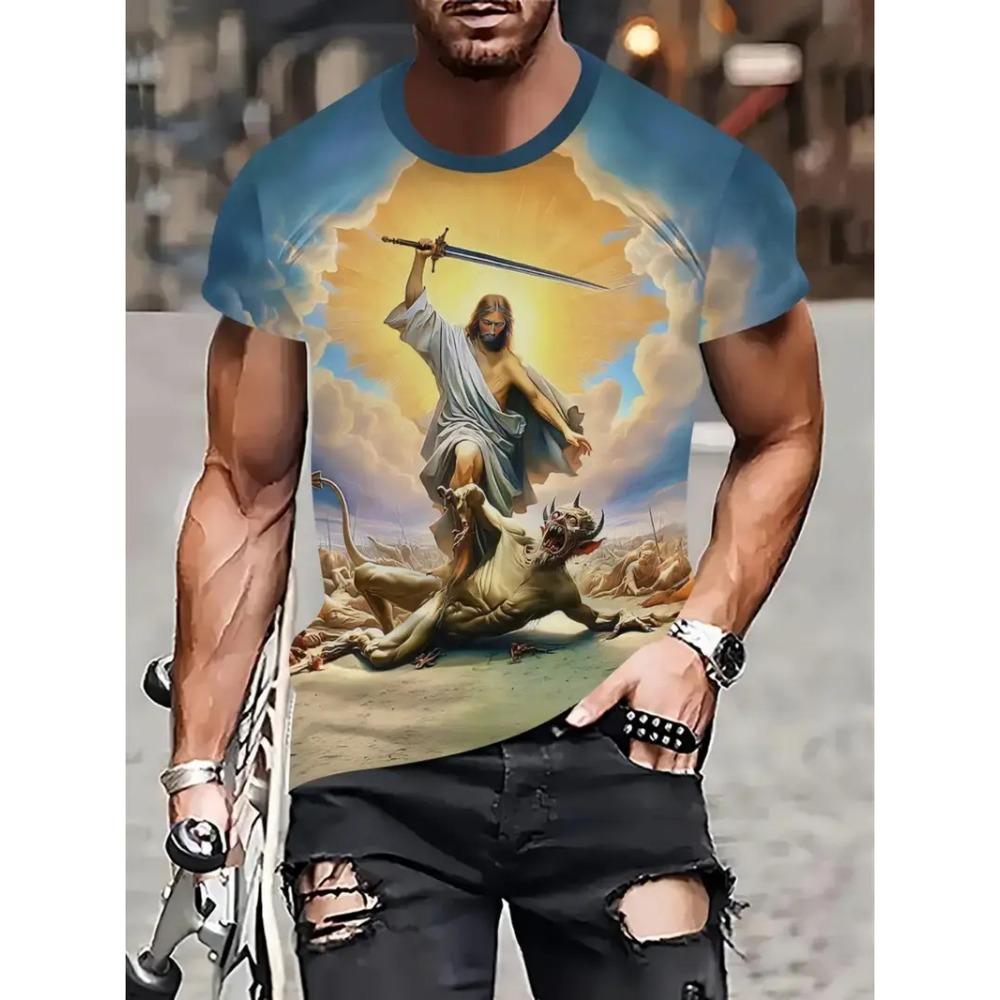 Jesus Letter Graphic Print Men's T-shirt Summer Short Sleeve T-Shirts Casual Oversized Jesus Christ Men's and Women's T-shirt Top