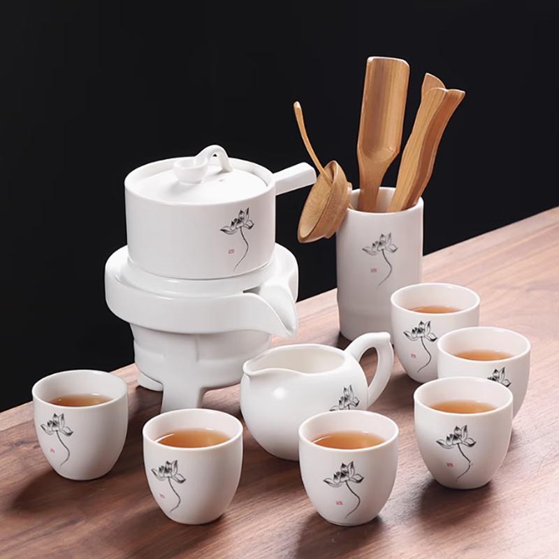 Jie Rong Qing White Lotus Ceramic Tea Set with Rotating Tray
