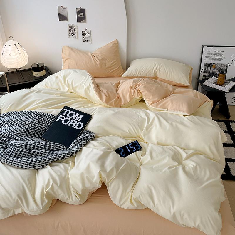 Einfarbiges vierteiliges Bettlaken-, Bettbezugs- und Steppdeckenbezug-Set für Zuhause, Wohnheim und Einzelbettwäsche.