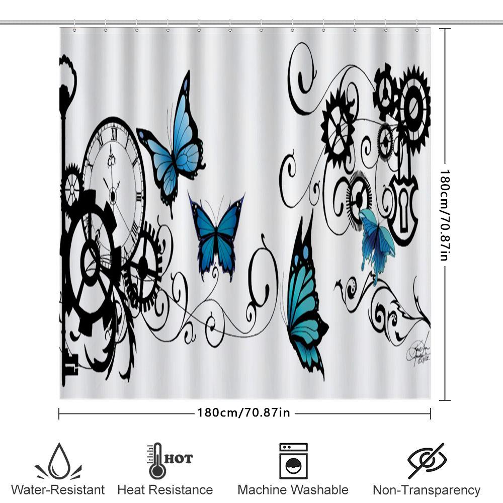 Blue Butterfly Gear Clock Shower Curtain Waterproof Decorative Home Bath Tub Rug
