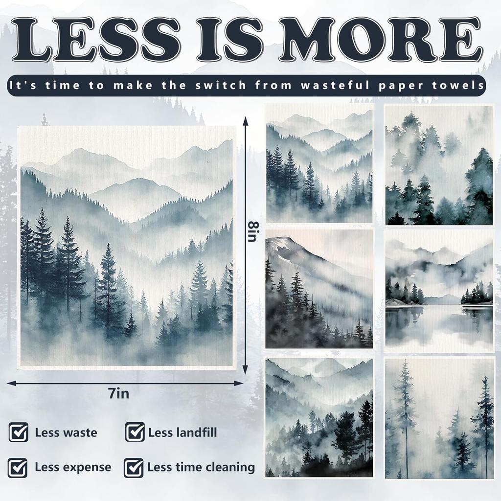 Whaline 6Pcs Dusty Blue Forest Swedish Dishcloths Cotton Kitchen Towels Reble Absorbent Mountain Forest Dish Towels for Home Party Housewarming