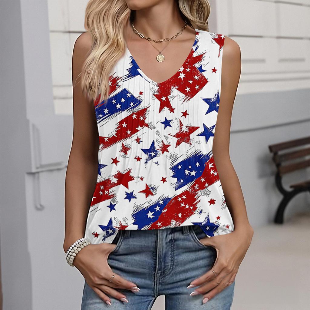 Women's Fashion Casual American Independence Day Flag and Stars Print V-Neck Ruffled Sleeveless T-Shirt Top