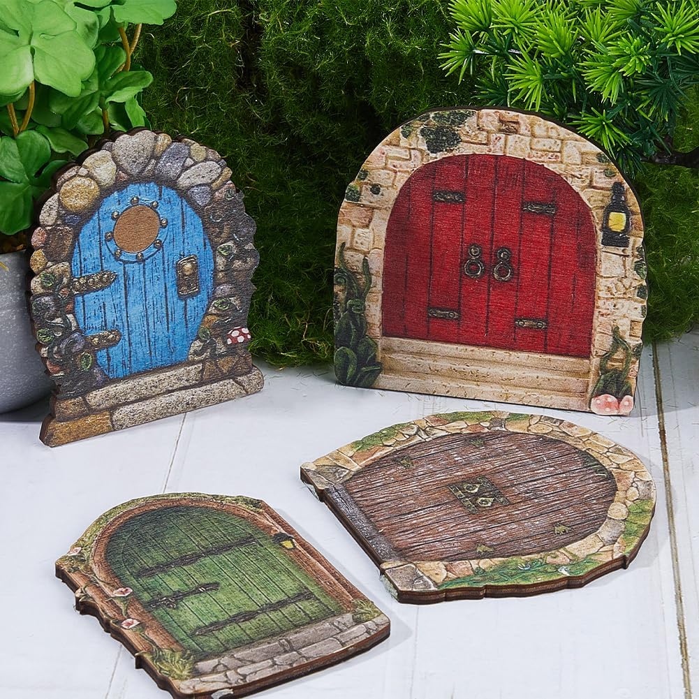 GORGECRAFT 4 SZT 4 Style Miniaturowe Drzwiczki do Bajkowego Ogrodu na Drzewo Drewniane Drzwiczki Okna Akcesoria Ścienne Zestaw DIY Rzeźba Artystyczna Dekoracja Zewnętrzna na Pień Drzewa Bonsai