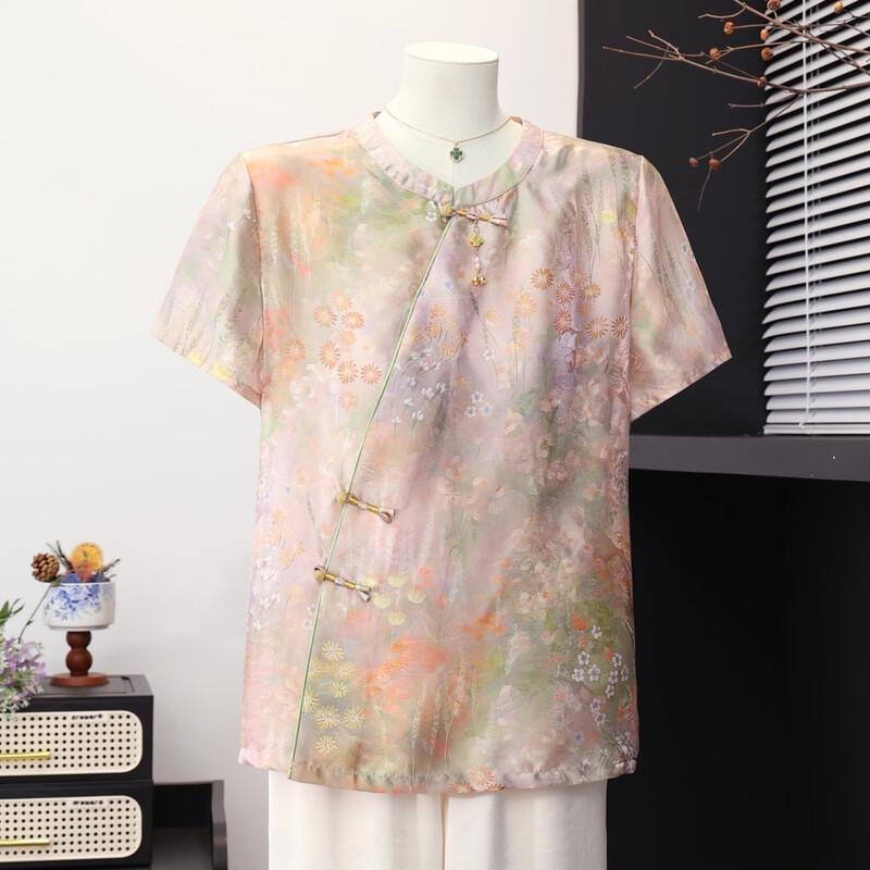 Datang Furen New Chinese Style Floral Print Short Sleeve Top
