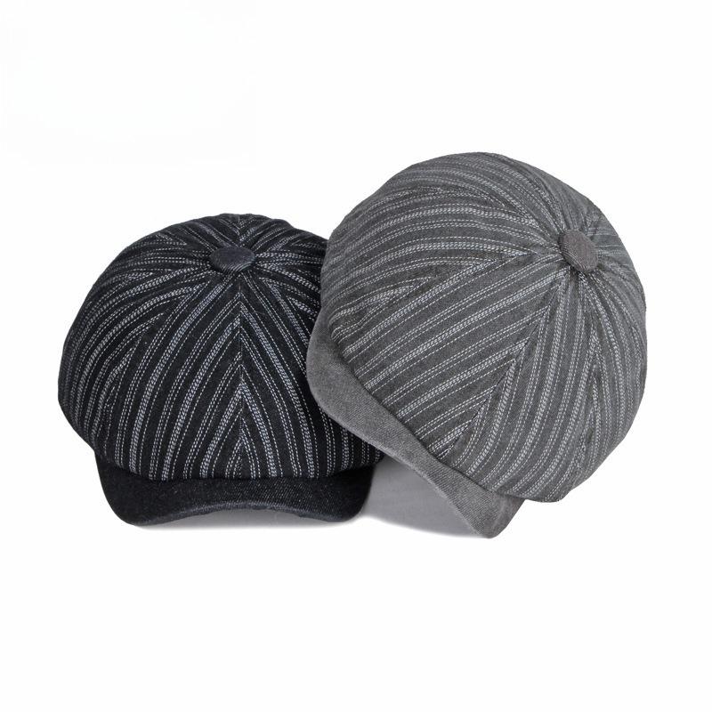Vintage Striped Washed Denim Newsboy Cap Men Women British Retro Octagonal Beret Autumn Fashion Painter Hat Casual Peaked Cap