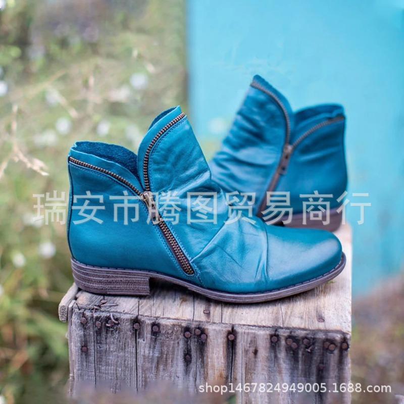 Round Head Women's Leather Boots Side Zipper Martin Boots, Autumn Coarse Heel Horseshoe Heel Women's Shoes