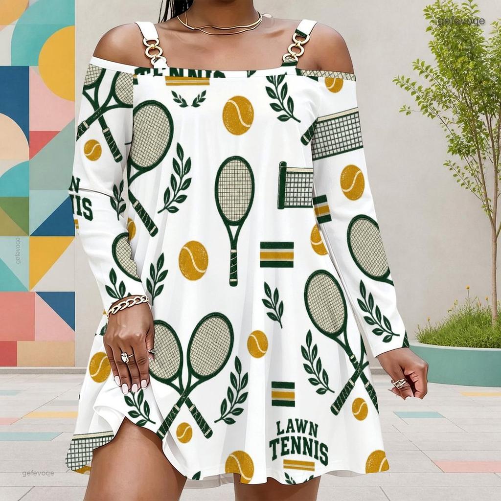 Women Plus Size Cold Shoulder Long Sleeve Surf Printed White Dress