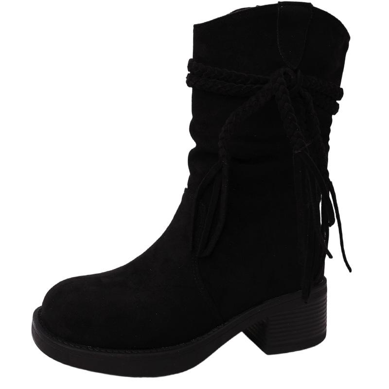 Wasteland Wind Fringed Knight Boots Autumn and Winter Fashion Retro Thick Heel But Knee Heel Boots Slim Western Boots