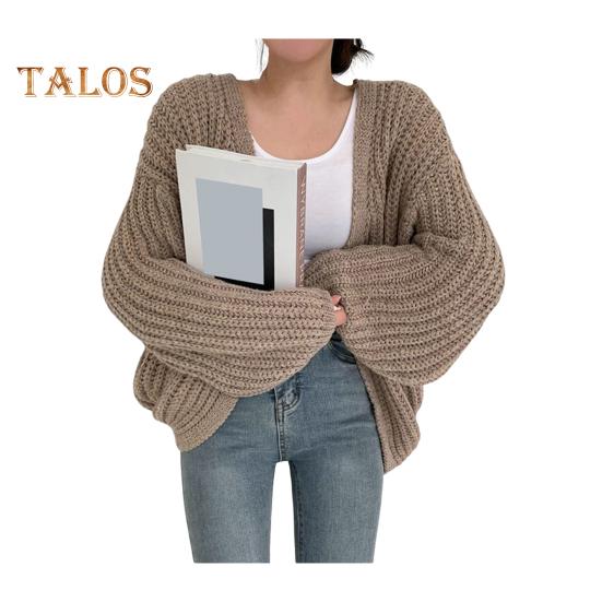 Pullovermantel für Damen, V-Ausschnitt, Laterne, lange Ärmel, offener Strickmantel, einfarbig, lässige Strickmode für den Alltag