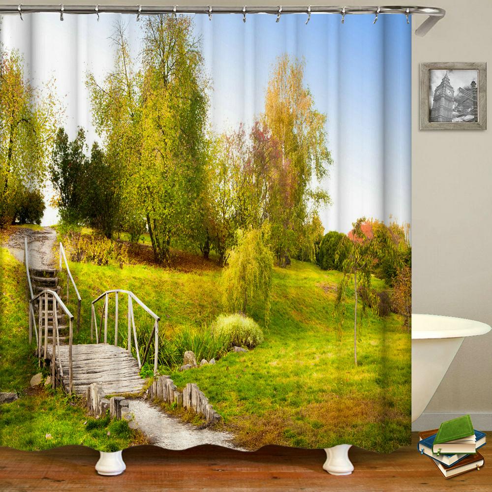 Rural Garden Scenery Shower Curtains Street Stone House Bathroom Curtain Waterproof Cloth Decoration Made Of Polyester Washroom Decor