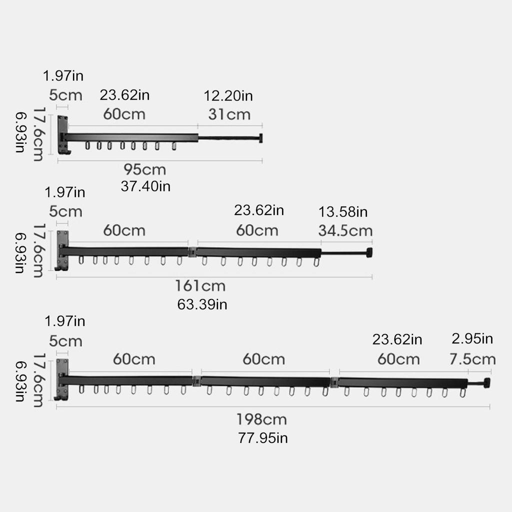 1 / 2 / 3 Section Folding Clothes Hanger Saving Laundry Organizer Telescopic Drying Clothing Rack Bar Space 100kg Wall Mounted