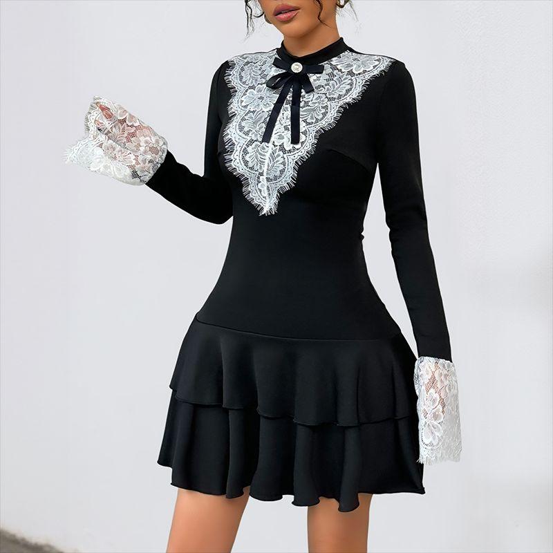 

Spring Autumn Women Dress Elegant Ladies Skirt Spring and Autumn Temperament Dress Black XL