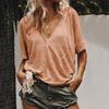 Summer Women Plus Size Solid Color V Neck Short Sleeve T-Shirt Loose Basic Top