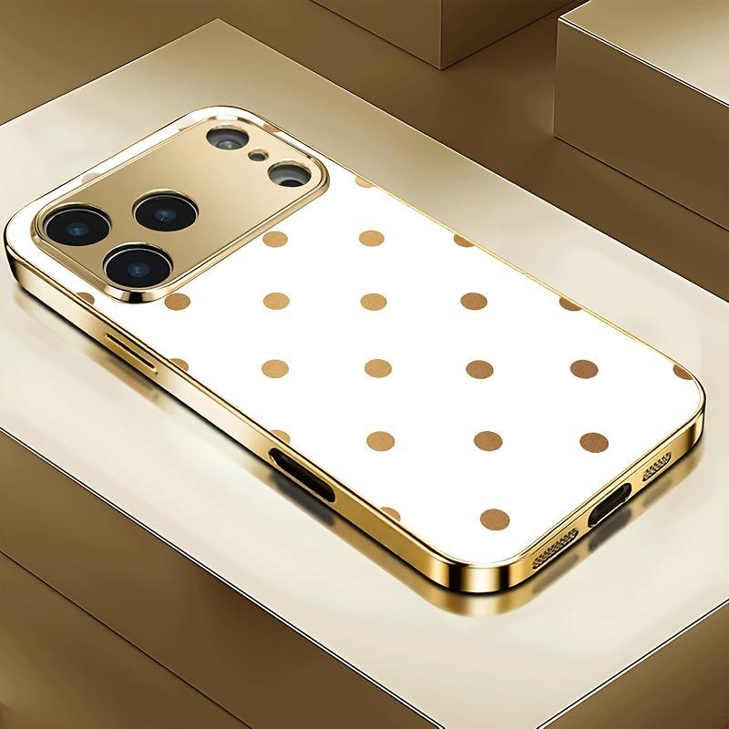 Golden Polka Dot Pattern Metallic Tempered Glass Phone Case For iPhone 11 12 13 14 15 16 17 18 Pro Max 14 Plus 17 Air 16E Cover