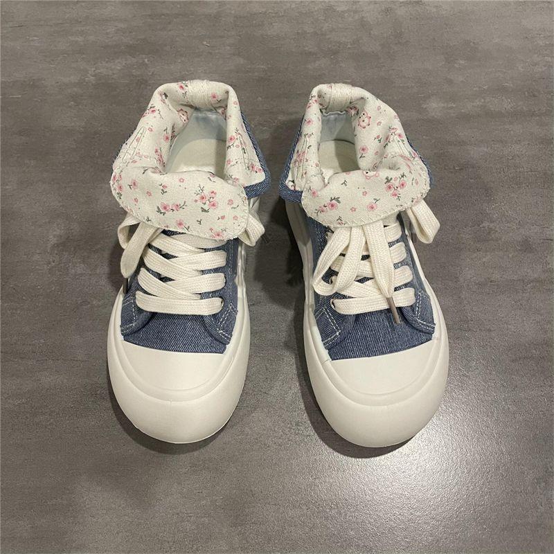 Xiaoxiangfeng Floral Canvas Shoes Women's High-top Shoes 2025 New Autumn Niche Thick-soled Round Head Board Shoes Ins Tide