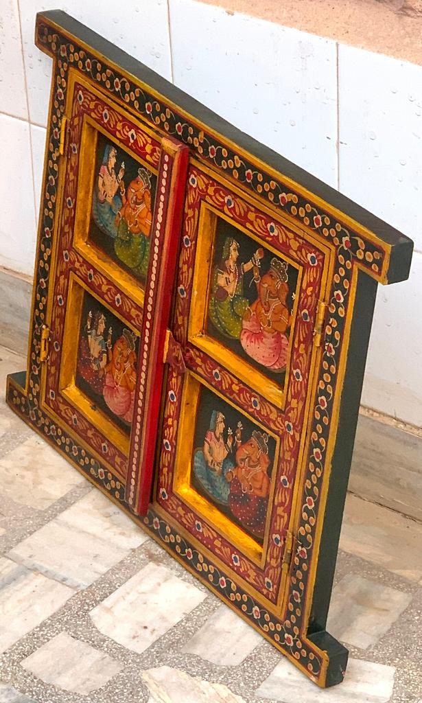 Painted Jharokha Wooden Frame: Antique Hindu God Ganesha Wall Decor