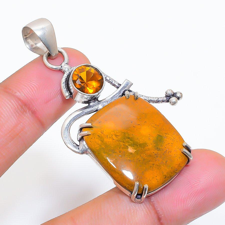 Natural Ocean Jasper, Citrine 925 Sterling Silver Jewelry Pendant 2.05" ZS-161