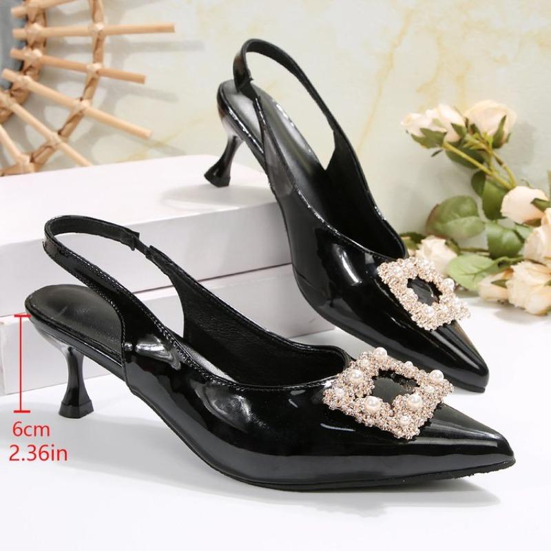 Fashion Women's Green Mile 2025 Summer New Square Buckle Rhinestone Pointed Toe High Heel Sandals One-strap Wrap-around Cool Shoes