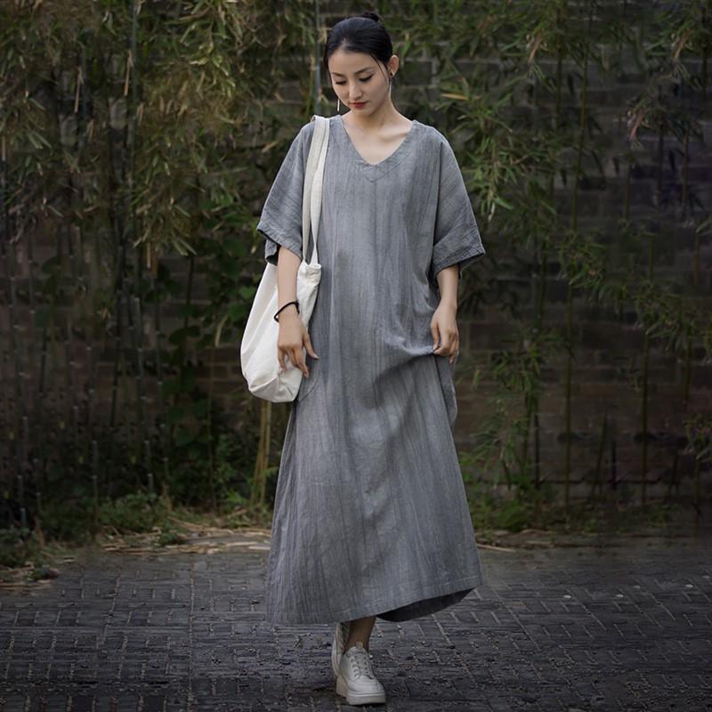 Johnature Women Vintage Dresses V-Neck Short Sleeve Summer Solid Color Loose Women A-Line Dresses