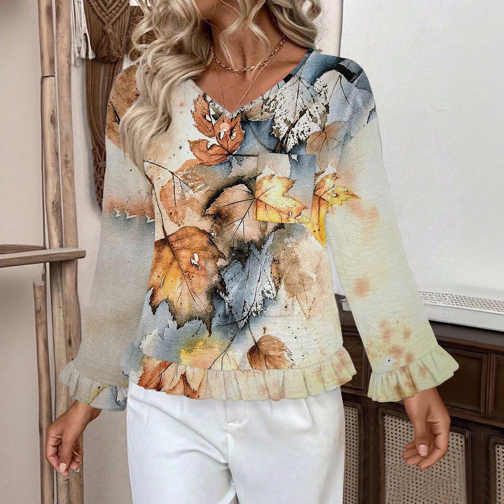 Dámský ležérní módní top s volánky, výstřihem do V, potiskem a dlouhým rukávem