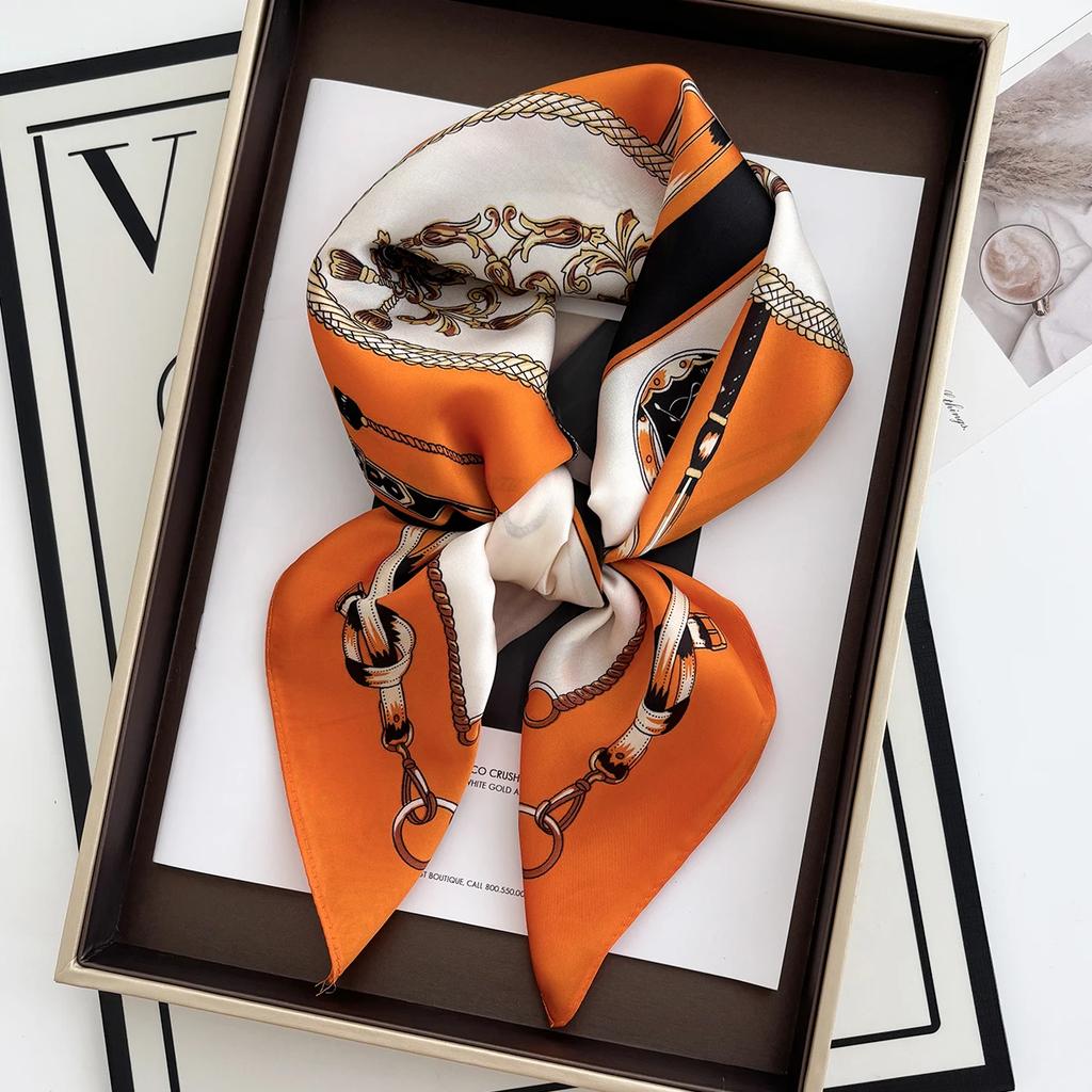 Luxury Women's Square Soft Satin Polyester Scarf Flower Printed Shawls Hijab Four Seasons Bandanna