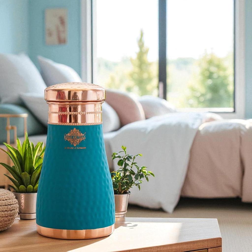 CopperBlue Silk Finish Bedroom Bottle with Inbuilt Glass, 950 ML, Health-Boosting Water Bottle, Ideal for Home, Office, Travel, and Gifting