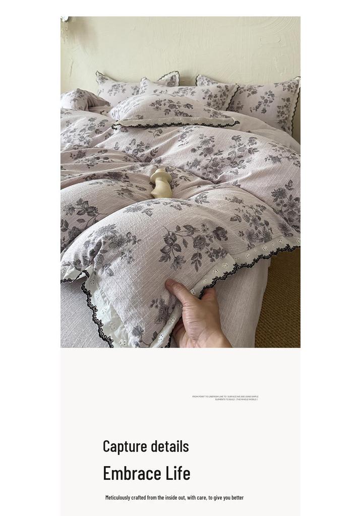 French Retro Jacquard Linen Bedding Set with Cotton Lace Trim - Luxury Princess Style