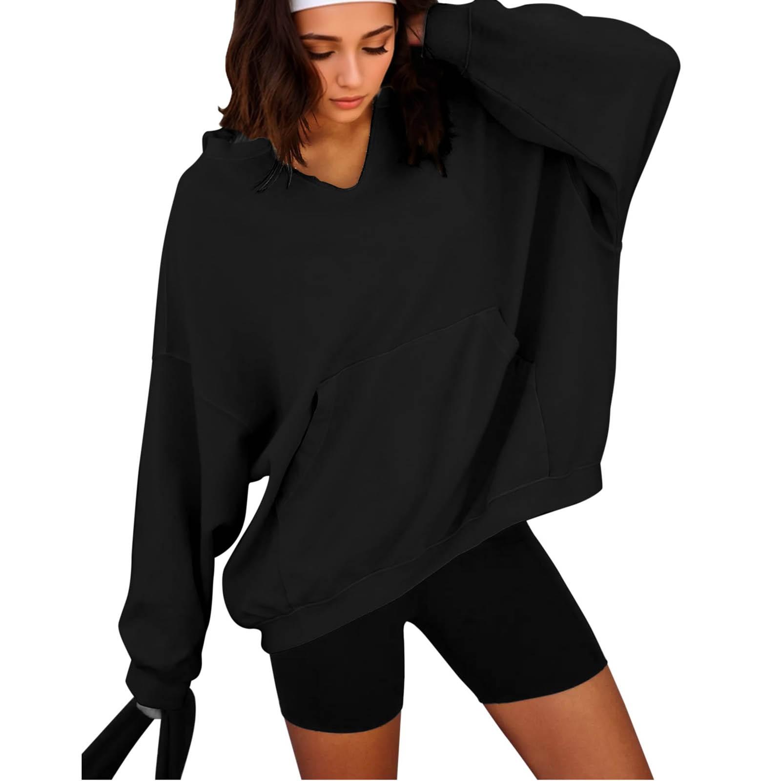 Модная женская толстовка большого размера, повседневный пуловер с капюшоном и длинными рукавами, топы M чёрный