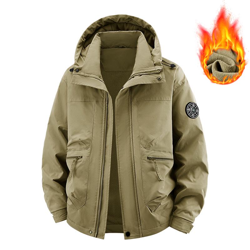 Winddichte Kapuzenjacke mit Fleecefutter, Arbeitsmantel mit mehreren Taschen, Lässiger lockerer Schnitt für Frühling und Herbst, Ideal zum Angeln und Fotografieren.