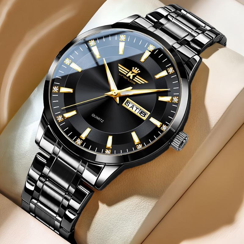 Top Brand New Men's Steel Band Waterproof Quartz Double Calendar Watch Luminous Scale Cross-Business Wristwatch