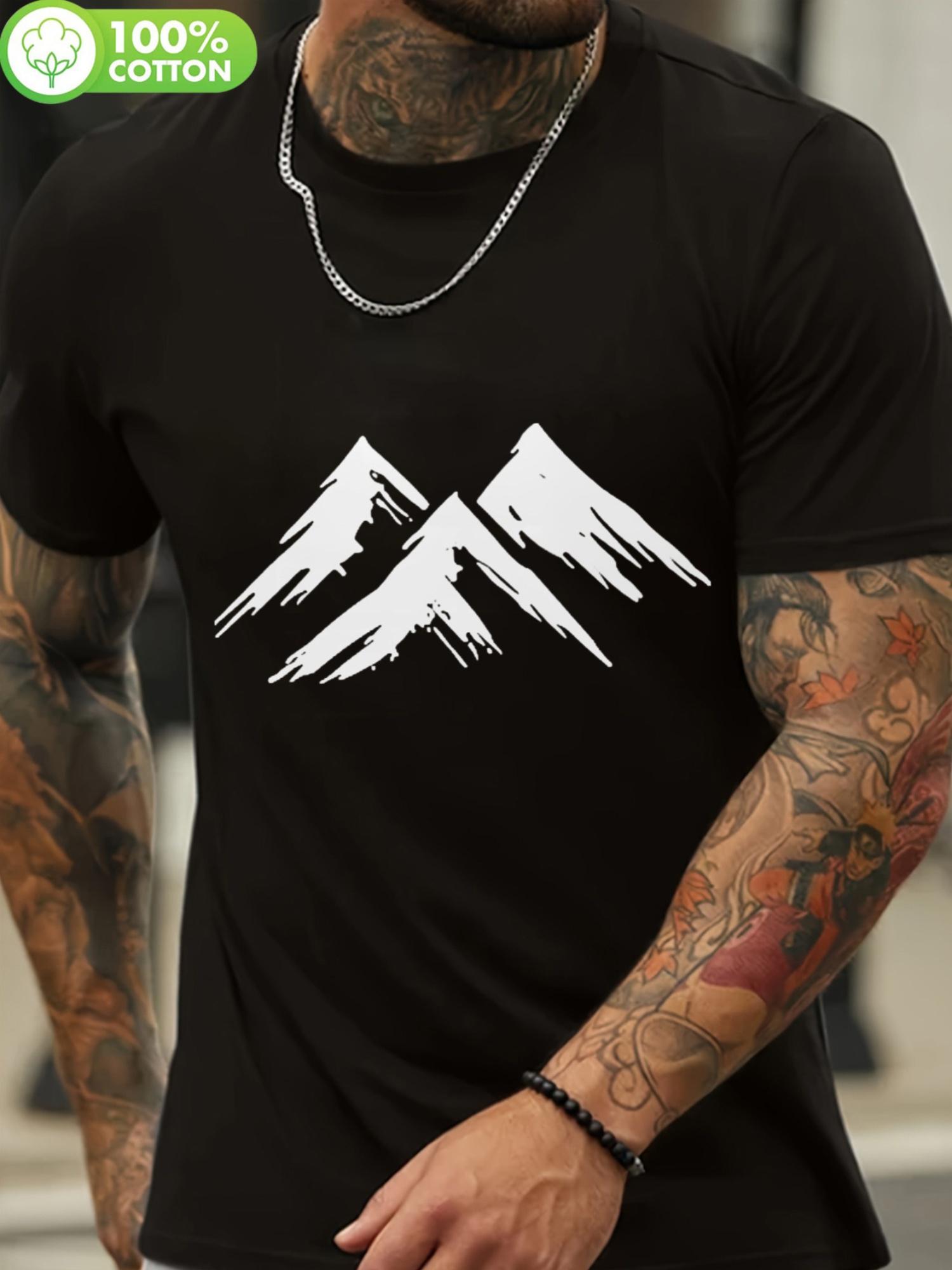 

1pc Breathable Cotton Short Sleeve T-shirt - Soft Casual Sportswear with Mountain Graphic Print M