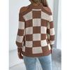 GMXIA Podzimní a zimní ležérní svetr s odhalenými rameny, barevně blokovaný kostkovaný svetr s lucernovými dlouhými rukávy, dámské oblečení