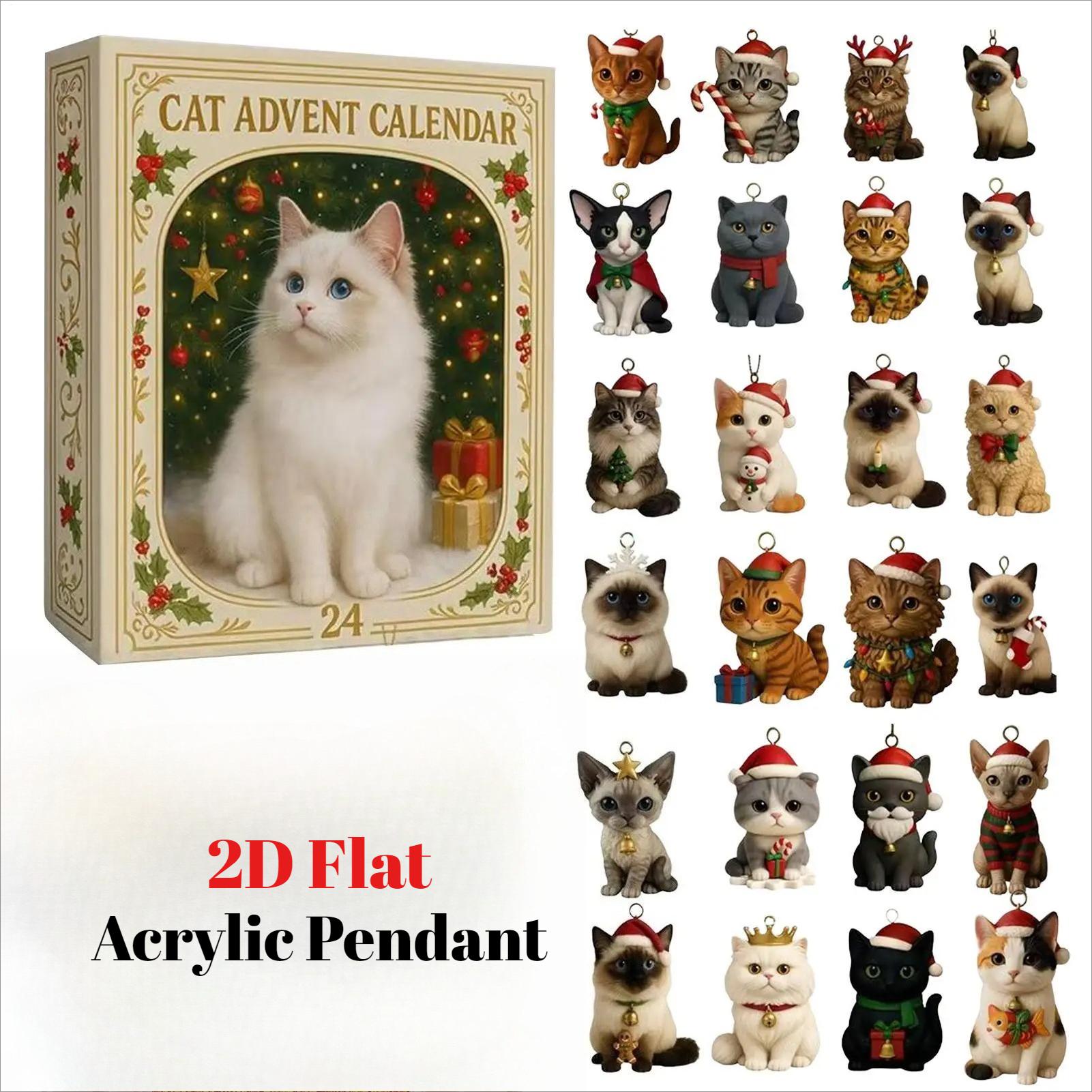 

Кошачьи Адвент-календари 2025, Календарь обратного отсчета до Рождества с 24 днями 2D акриловые кошачьи украшения, Украшения для рождественской елки с котятами one size разноцветный