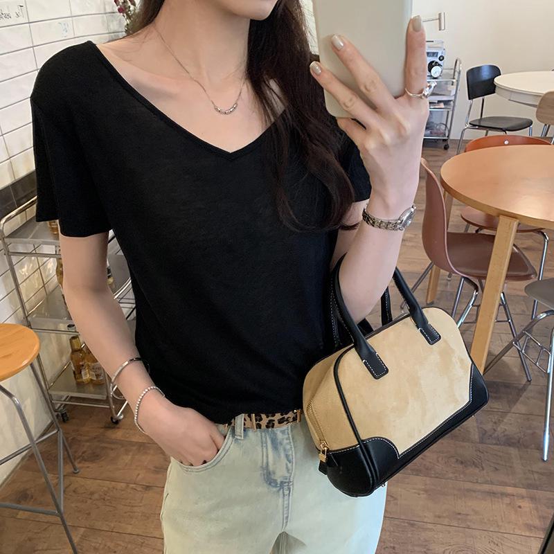 Pure Desire Oatmeal Loose V-Neck Short-Sleeve Women s T-Shirt - Spring/Summer 2026 Korean Style, Slimming, Thin, Lazy Fit XL