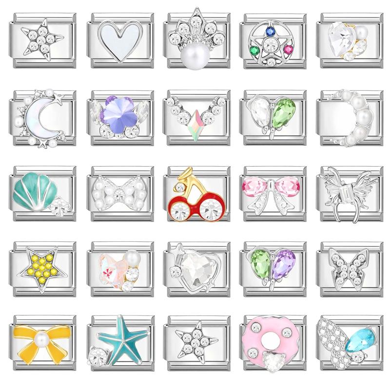 Shiny Zircon Butterfly Snowflake Heart Maple Italian Charm Links Fit 9mm Stainless Steel Bracelet Women Jewelry DIY Making Gifts