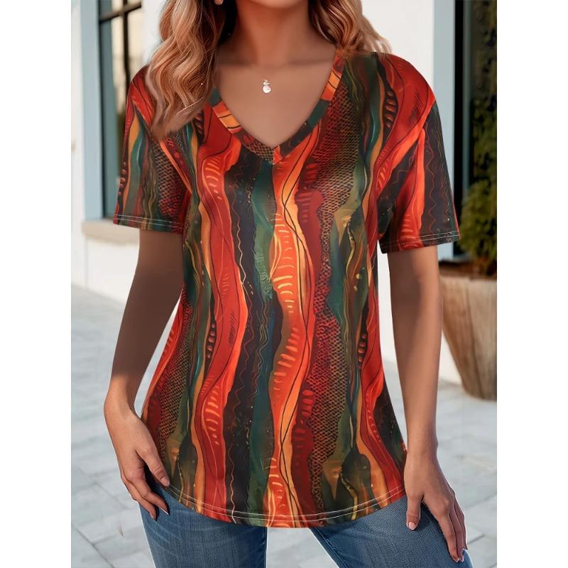 Summer Women Elegant V-Neck Short-Sleeved Maple Leaf Print Short Sleeve V-Neck T Shirt for Women Fashiont-Shirt