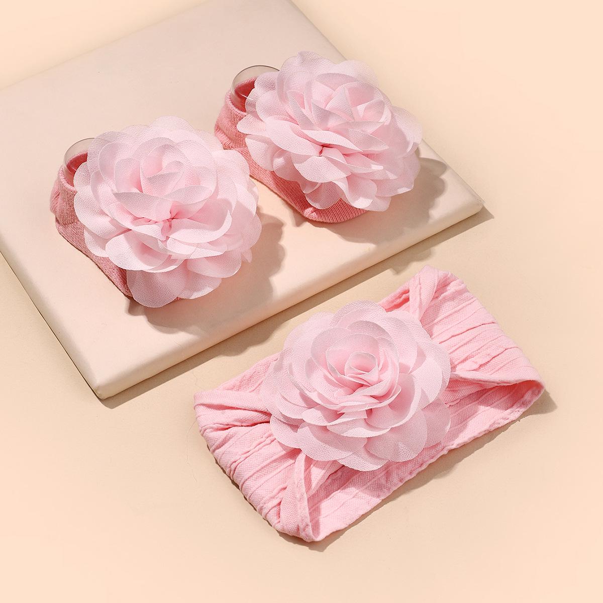 

European Baby Headband and Sock Set: Infant & Toddler Nylon Elastic Chiffon Flower Hairband рожевий