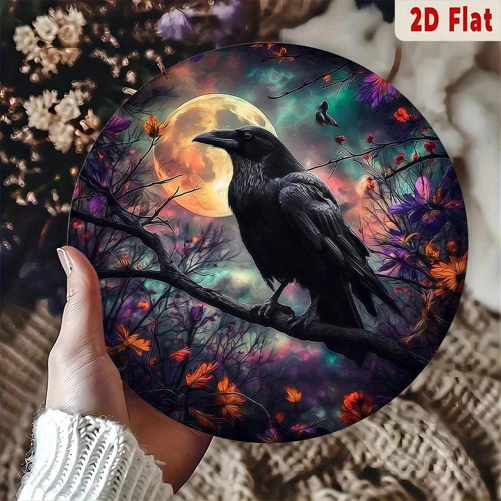 Gothic Raven Moon Metal Wall Art, Glowing Eyes Aluminum Sign