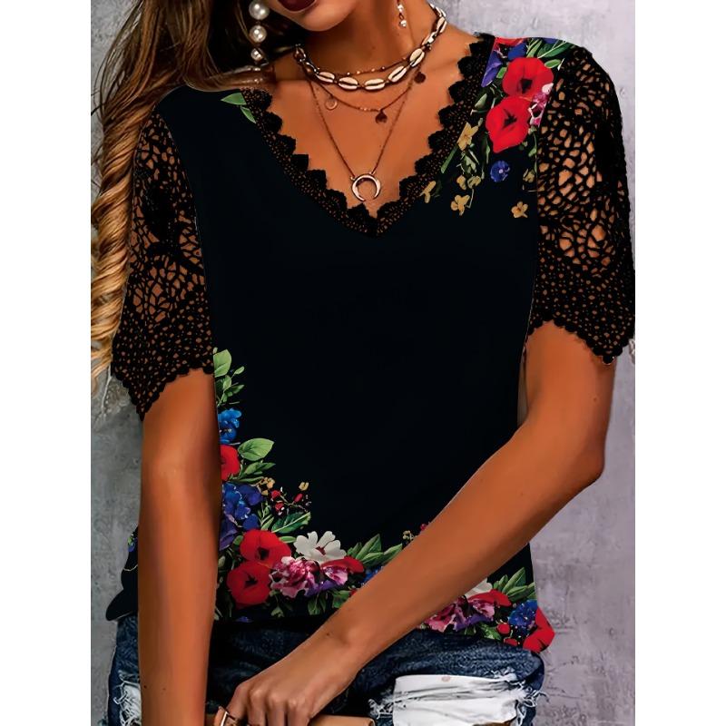 Women's Fashion Casual Summer Spring Flower Pattern Print Short Sleeve V-Neck Blouses & Shirts