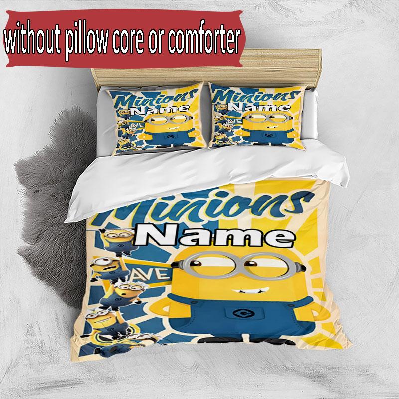 3pcs Duvet Cover Set (1*Duvet Cover + 2*Pillowcase, Without Core), Custom Name Minions Pattern Bedding Set, Home Bedroom Decor Gift