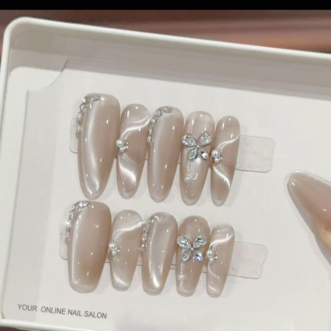 Rhinestone Butterfly Nude Milk Tea Cat Eye Nails - Versatile Handmade Wearable for Students
