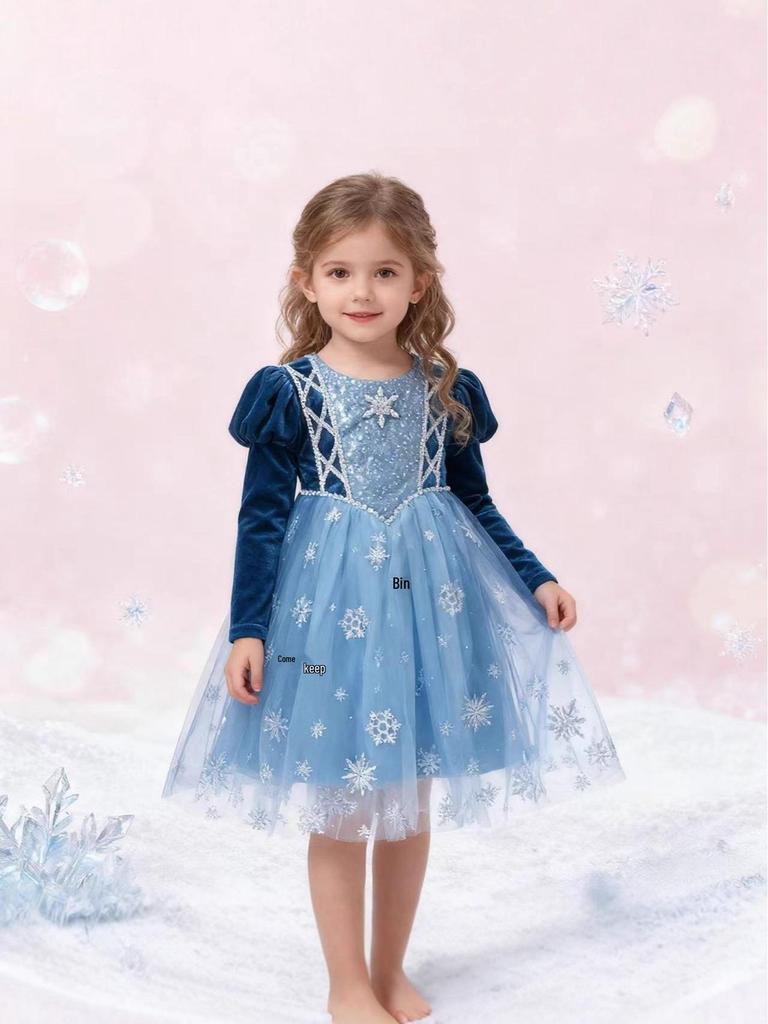 Girls' Elsa Princess Long-Sleeve Cosplay Costume Dress for Spring, Autumn, and Winter - Perfect for Halloween, Birthdays, and Evenings.