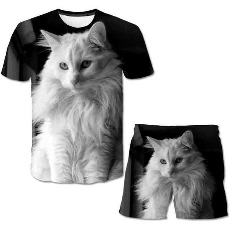 Summer Baby Kids Cat Sets Short Sleeves Printed T Shirts and Short Pants 2pcs Boys and Girls Lovely Clothing Outfits 1-14 Years