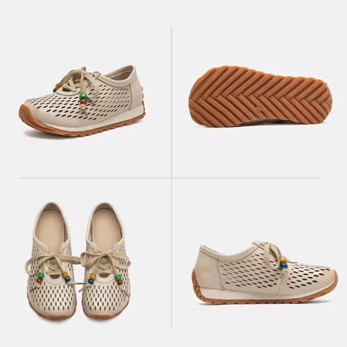 Johnature Genuine Leather Hollow-out Breathable Casual Shoes Lightweight Versatile Lace Up Women's Flat Shoes
