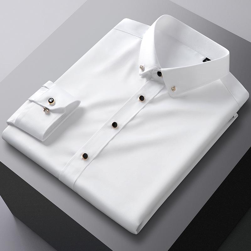Trendy Iron-Free Slim Fit Mulberry Silk Shirt with Rhinestone Buttons and Turn-Down Collar