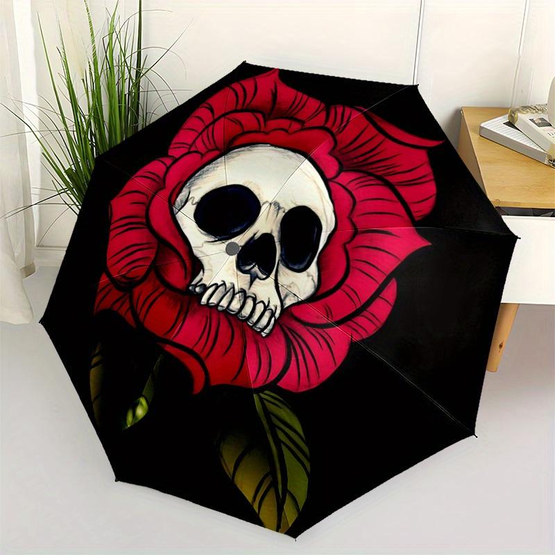 1pc Skull Rose Automatic Open/Close Umbrella, Portable Folding Umbrella for Travel, Themed Events, It Is Suitable As a Gift for Various Festivals, Out