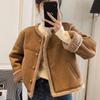 Korean Style Women's Short Winter Fleece-Lined Leather Jacket with Lambswool